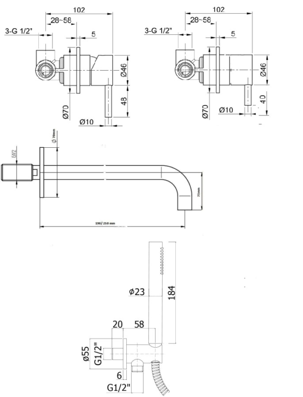 RVS Picolo inbouw muur badmengkraan met losse omsteller en handdouche en bad uitloop in PVD Gun Metal Black - Afbeelding 2