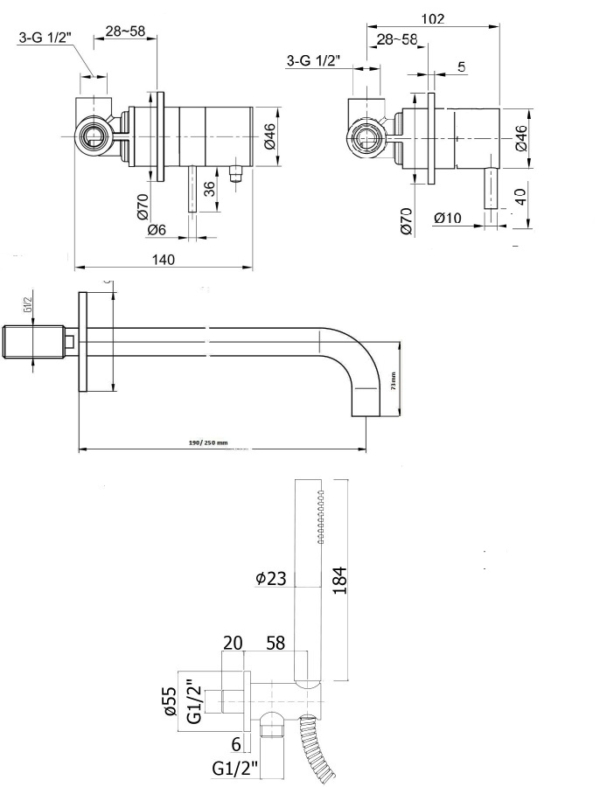 RVS Picolo inbouw wand badthermostaatkraan met losse omsteller en handdouche en baduitloop - Afbeelding 2