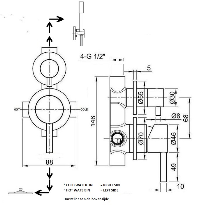 RVS inbouw douche mengkraan Picolo met omstel in gun metal black - Afbeelding 2